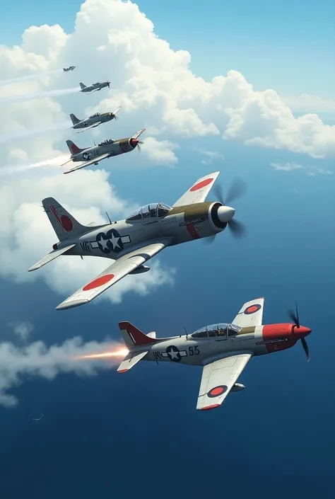 A dramatic dogfight between American and Japanese planes in the skies over the Pacific Ocean, with fighter planes zooming through the clouds, firing weapons at each other