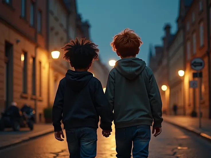 Full body image of two boys walking backwards through the illuminated streets at night. A black boy with curly black hair and a red-haired boy, brass hair, with a beard, strong and stocky physique. Hand in hand.