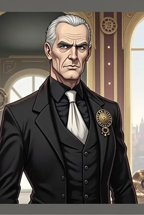 A powerful, elder mafia boss in his 60s with an Italian aura, dressed in a stylish dark suit and tie, stands confidently. He holds two magical revolvers, emitting faint mystical energy or runes around the barrels, showcasing his expertise in magic as scien...