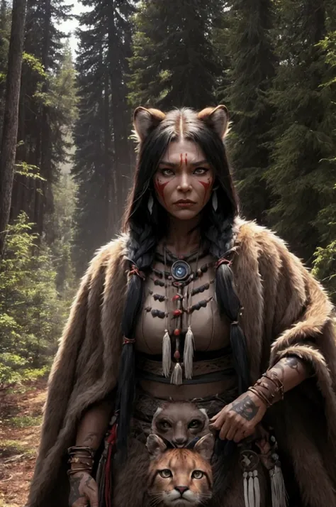 A young anthropomorphic humanoid cougar, with a savage and frightening appearance, finds a tent in the forest, dressed in Native American warrior clothing. She has a menacing and sinister appearance. Cinematic, panoramic.