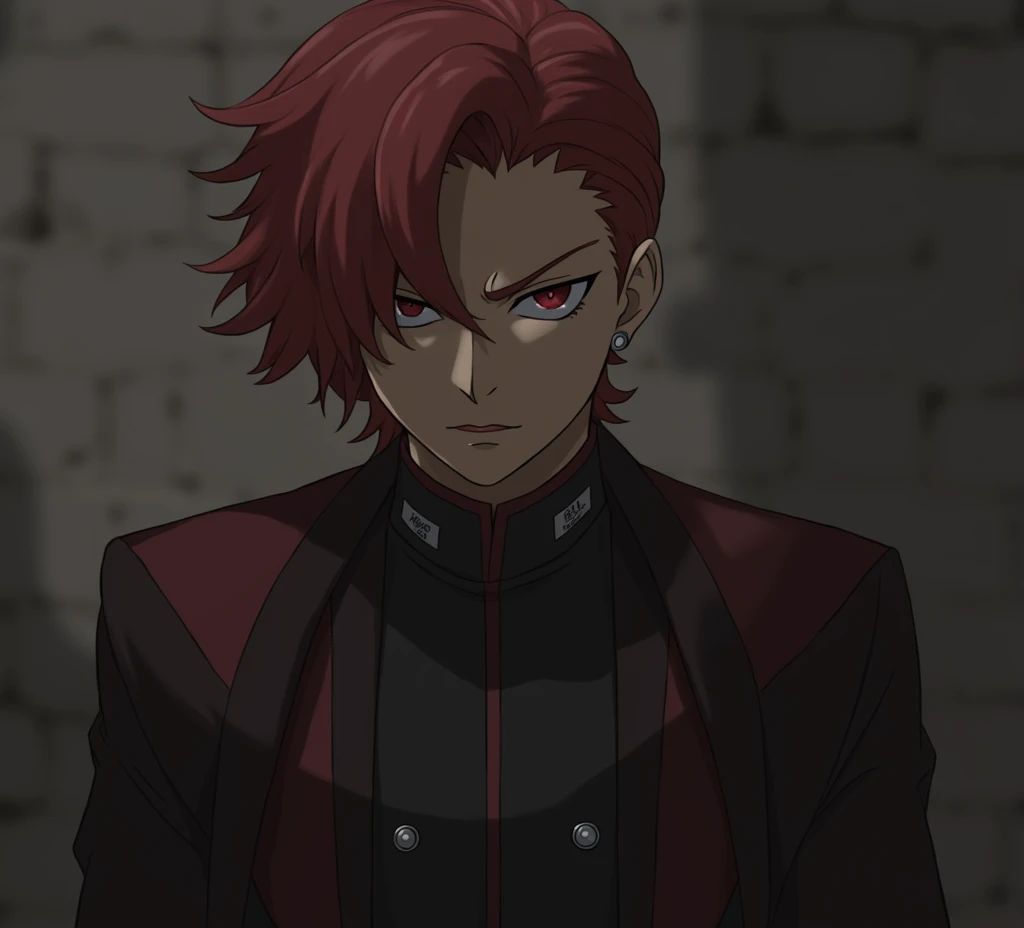  The image shows a masculine-looking character with red hair and serious expression.  He is dressed in a black and red jacket , with metallic details on his uniform .  His gaze is intense and his posture suggests determination .  The dark background emphas...