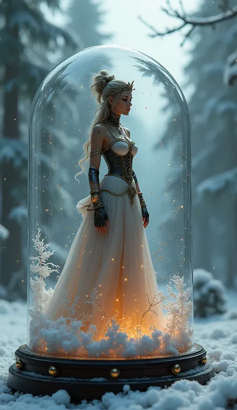 masterpiece,  best quality, 8k,  photographic reality , realistic, Octane Rendering, A beautiful steampunk lady is standing in a snow globe