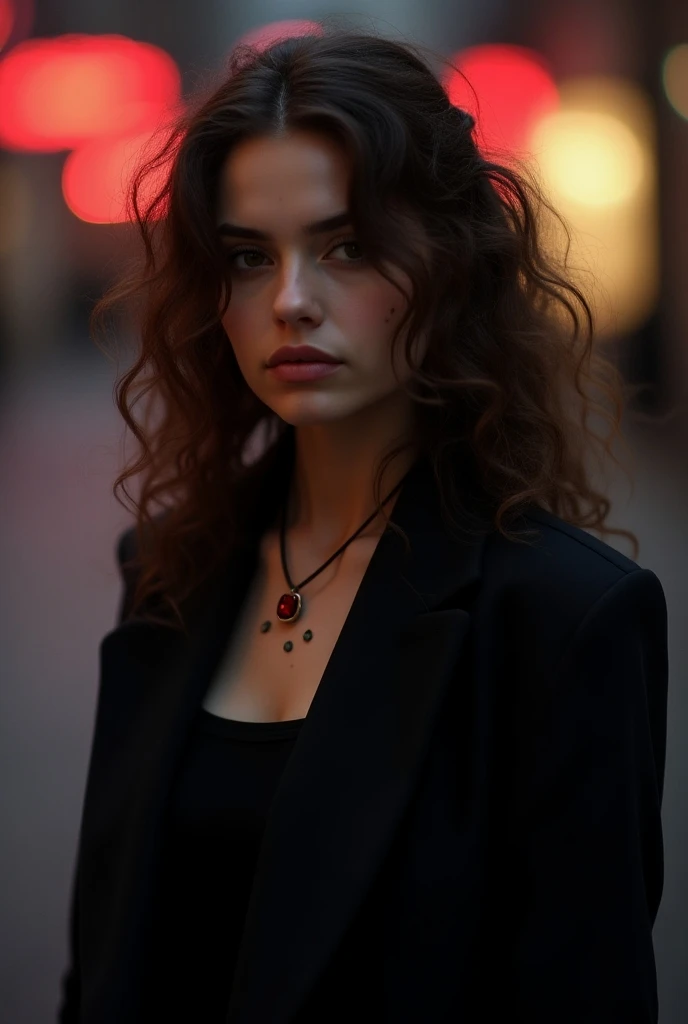 "A 20-year-old woman with layered, 3a spring-like curly brown hair stands with an air of mystery. Her hair cascades down in soft, wet curls, framing her face perfectly. Her light eyebrows accentuate her expressive eyes, adding a delicate touch to her overa...