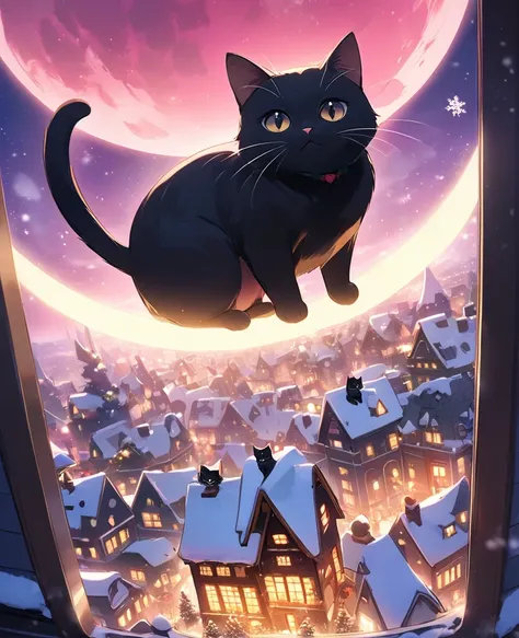 Noble and elegant black cat 、 Christmas、 illuminated city 、Are you wearing Santa clothes for cats、 see here、No humans appear、 pink moon shining 、Cats are placed at the bottom of the screen