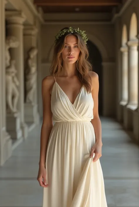 A flowing ancient Greek himation elegantly drapes a poised 35-year-old woman of Greek heritage, the soft folds of cream-colored linen enveloping her like a delicate olive branch. Loose waves frame her sun-kissed skin as she stands with a dignified posture,...