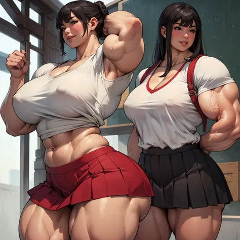 realistic, young japanese girl, school girl, (hypermuscle:1.6), massive ass, massive thighs, cute smile, cute, fringe, skimpy clothes, skirt, cute pose, (huge lips),
