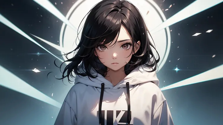 top up shot, woman, medium length black hair, brown eyes, white hoodie, cute look, dark gradient background, particles.