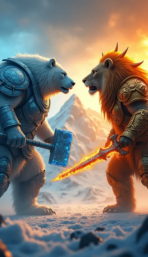 "An intense face-off between a humanoid polar bear and a humanoid lion warrior in a fantasy setting. The polar bear on the left is armored with icy blue plating and holds a giant ice hammer, with a backdrop of snow-covered mountains. The lion warrior on th...