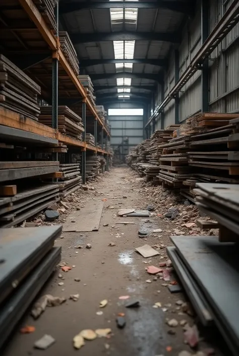  please now create a similar environment in a storage space for steel sheets for subsequent cutting in a lases cut, where there is evidence of disorder of the materials to be cut and of the materials already cut to transport 