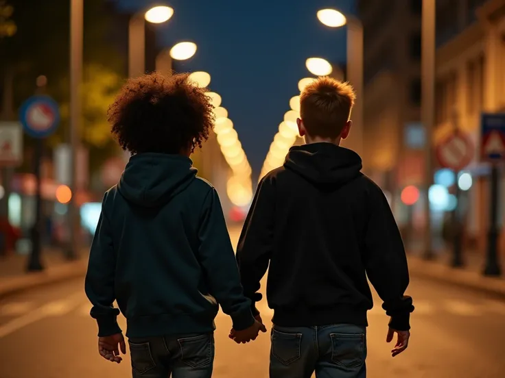 Full body image of two adult boys walking backwards through the illuminated streets at night. A black boy with curly black hair and a red-haired boy, brass hair, with a beard, strong and stocky physique. Hand in hand. Young adults.