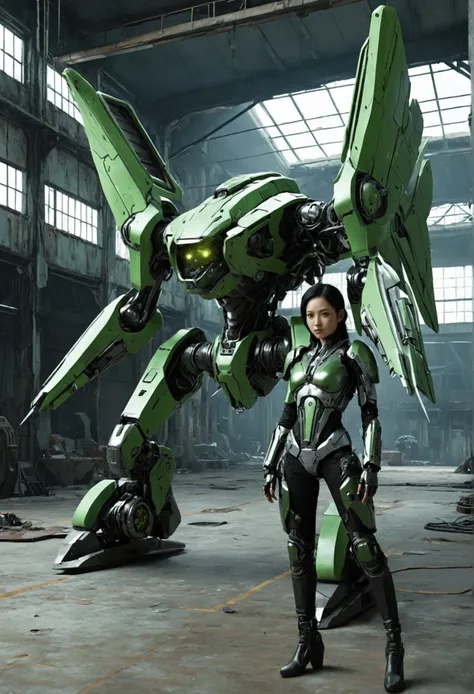 visual effects cinematic futuristic cyborgpunk style a beautiful woman indonesia cybogpunk jirah mecha elite fighter cyborg punk robotic wing plate mechanical long combat futuristic green holding rpg abandoned place futuristic factory futuristic behind his...