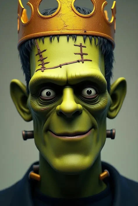 Frankenstein head smiling with golden crown 