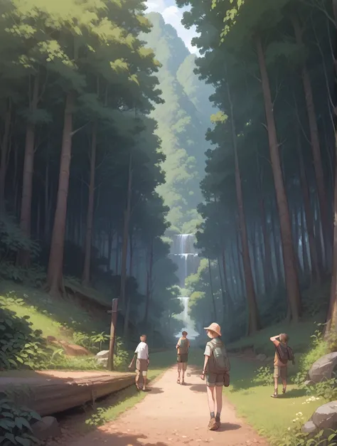 boys and girls, shonen, shonen style, design, spring, character design, scene, boys and girls in spring time, forest, hiking
