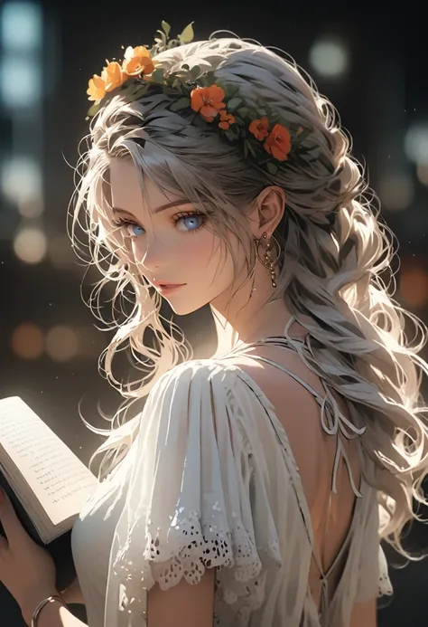 hyper-realistic  of a mysterious woman with flowing silver hair, piercing blue eyes, and a delicate floral crown, backwards, looking back, upper body, in bikini, light cloths, reading book