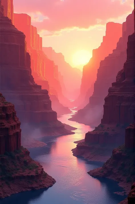  deep with rocky walls in shades of orange and red that shine with the first light of the sun.  The river that cuts through the bottom of the canyon reflects the sky in shades of pink , while a soft mist hangs over the waters ,  creating a sense of peace a...