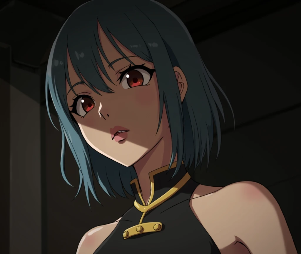  The image shows a female character with blue hair and a dark expression . She has a youthful appearance, with delicate features, but her gaze is intense and penetrating .  Her face is partially covered by shadows ,  creating a dark and mysterious environm...