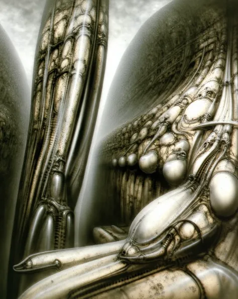 HRGGR, The image is a detailed view of H.R. Gigers biomechanical tableau " LANDSCAPE No 312 " plate, featuring ( Gigers is a fantasy-style illustration of a complex, intricate mechanical structure, resembling a futuristic city or fortress, with a central t...