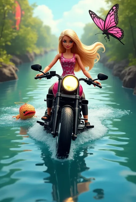  A Barbie on a motorcycle, in a river, with a Salveque , A butterfly. With a text that says Dayis 