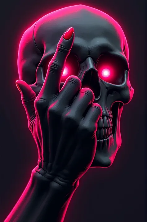 A skull sticking out the middle finger with colors cm black and pink