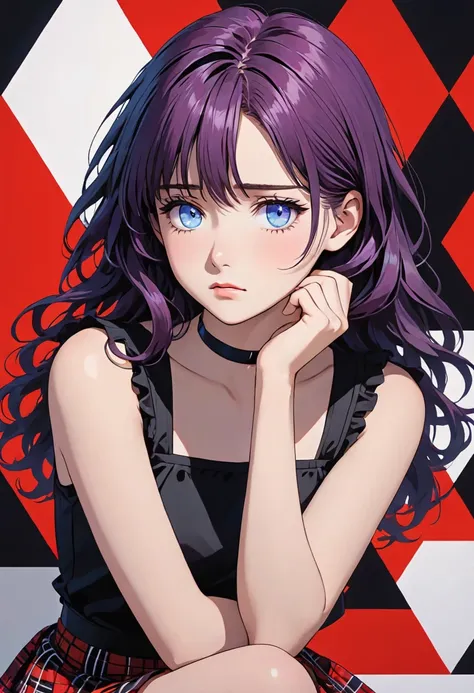 This image depicts an anime-style character with long, wavy purple hair and matching blue eyes. She is wearing a black sleeveless top with vertical stripes and a red and black plaid skirt. She also has a black choker around her neck. The character has a so...