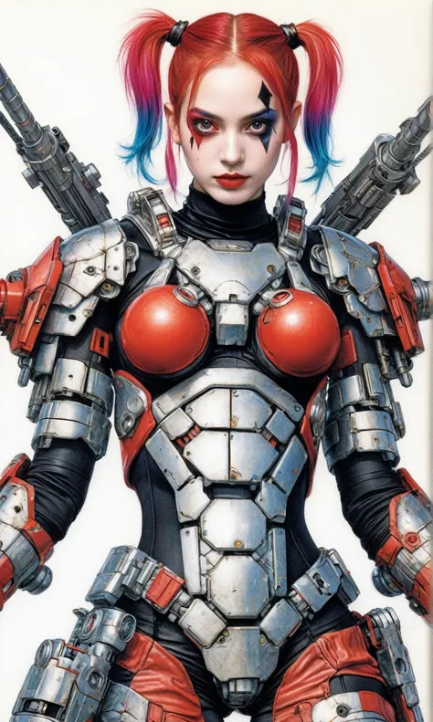 xxmix, a color pencil drawing of Harley Quinn as a mecha warrior, in the style of detailed penciling, precision drawing, heavy shading, colorful drawings, hyperrealistic pencil drawings, coloring book cartoon style , full body,  raw hand drawn style, A fus...