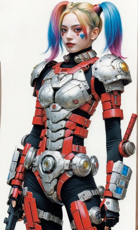 xxmix, a color pencil drawing of Harley Quinn as a mecha warrior, in the style of detailed penciling, precision drawing, heavy shading, colorful drawings, hyperrealistic pencil drawings, coloring book cartoon style , full body,  raw hand drawn style, A fus...