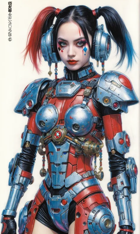 xxmix, a color pencil drawing of Harley Quinn as a mecha warrior, in the style of detailed penciling, precision drawing, heavy shading, colorful drawings, hyperrealistic pencil drawings, coloring book cartoon style , full body,  raw hand drawn style, A fus...