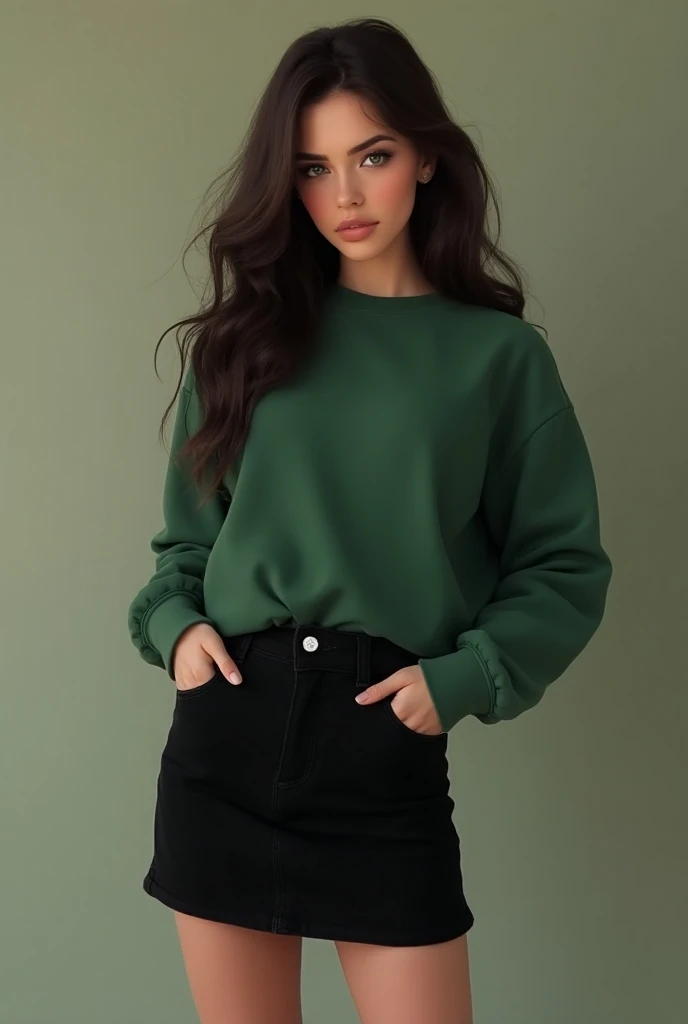 Beautiful girl with wavy dark brown hair, green eyes, black pencil skirt cute butt, green sweatshirt