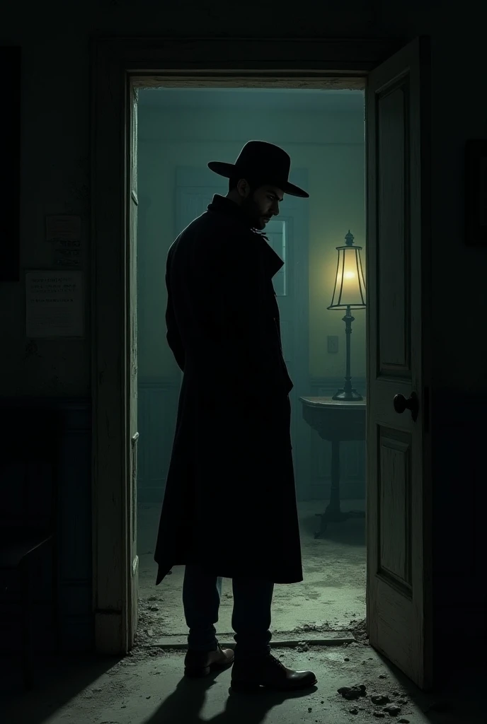  a man dressed in a trench coat walking around an old house. The man looks totally in profile.  detective aesthetic and comic sin city , 