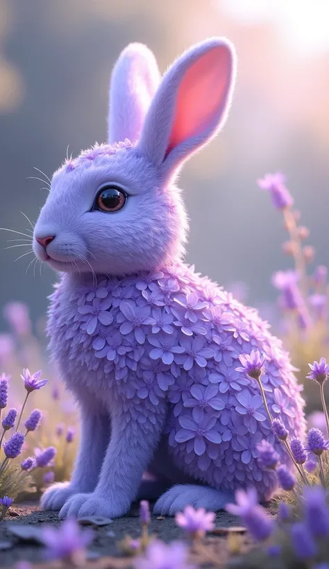 Image is a digital artwork showcasing a stylized, mythical rabbit composed entirely of delicate lavender blooms. The rabbit sits gracefully, with its body covered in intricately detailed lavender petals, giving it a serene and enchanting appearance. The ba...