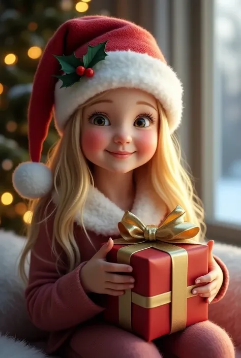  lyrics, 8K ultra HD,realistic portrait , A happy blonde girl sitting with a Christmas hat with a gift   