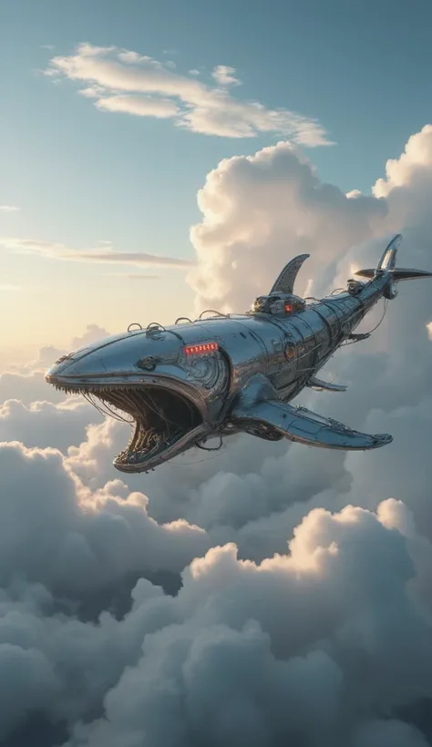 ((ballena voladora de Metal:1.5, robot whale flying through the skies surrounded by clouds:1.5))，(session:1.2)，oxide，Metal, COPPER, Aluminum, The horizon in the distance，MYSTERY, idyllic, hyper detailed, highly detailed textures, lights, cables, cyberpunk ...