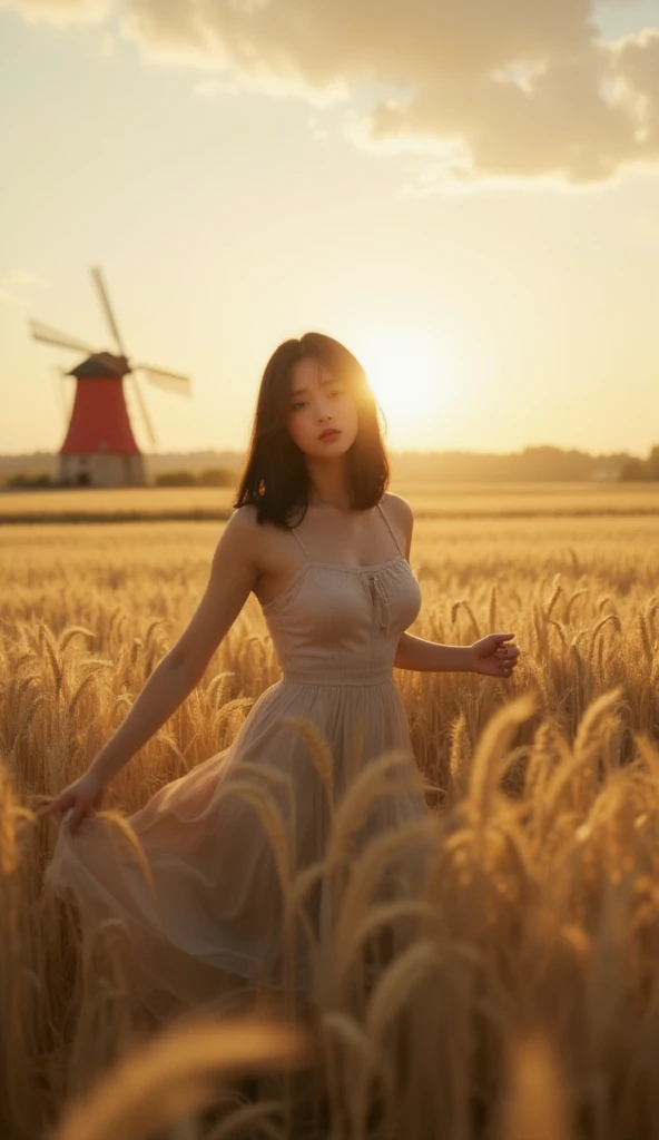 Young 1 girl, fluffy black straight long hair and melancholy eyes, wearing an off-the-shoulder sun dress, swirling and dancing in a vast wheat field, hazy, with a round of golden sunset in the background, a large red windmill in the wheat field, sky clouds...