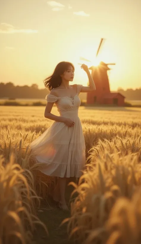 Young 1 girl, fluffy black straight long hair and melancholy eyes, wearing an off-the-shoulder sun dress, swirling and dancing in a vast wheat field, hazy, with a round of golden sunset in the background, a large red windmill in the wheat field, sky clouds...