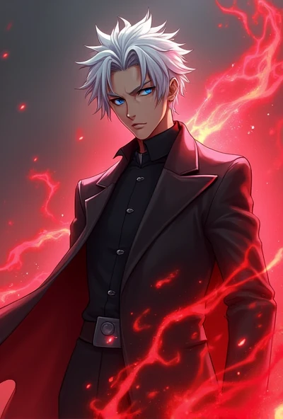 Gojo Satoru has a red aura, black clothes, white all-white hair, and blue eyes