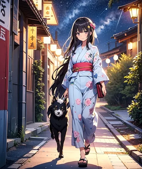 A dark-haired girl wearing a summer yukata and taking a walk through the Tanabata starry sky