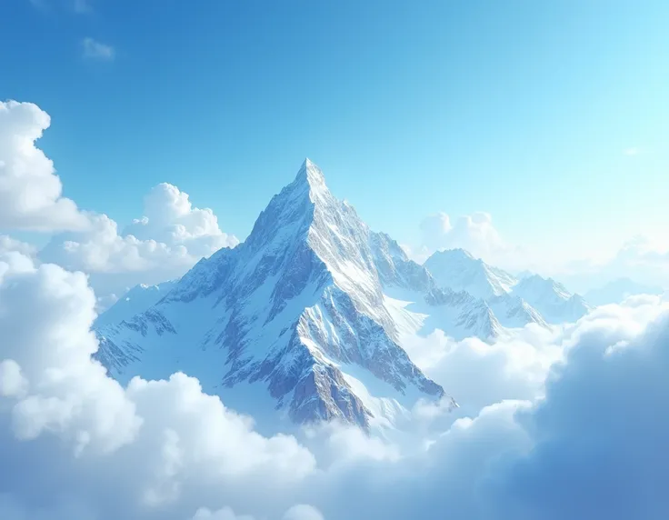 Majestic snow-capped mountain range, rugged peaks, ethereal mist, vibrant blue sky, wispy clouds, serene alpine landscape, panoramic view, crisp high-resolution, photorealistic rendering, epic scale, dramatic lighting, pristine wilderness, cinematic compos...