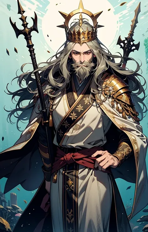 The guardian king of underwater city uses a trident. Long hair and big beard. Oriental armor in green and gold color. Stars and galaxy on his cape. 