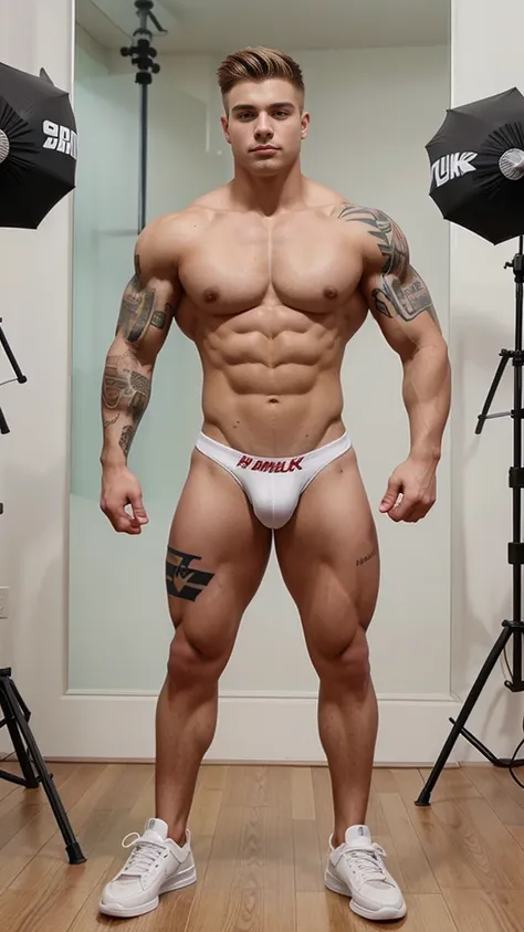 white hunk teenage man ,  , young face, hunk body, blond  hair, fixed green eyes, sharp features, no facial or body hair, height 1.87, weight 100kg, muscular aesthetic build , six pack , broad shoulders, wide back ,V-shaped body , male focus, muscular legs...