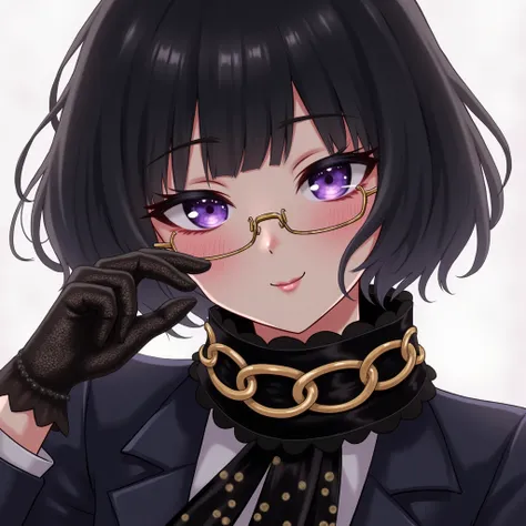  short bob,  Black Hair 、 with heavy makeup and purple eyeshadow 、  and Im wearing a black ribbon scarf with a gold chain pattern around my neck.、Wearing gold-rimmed glasses、 wears black lace gloves 、An adult Japanese woman in a suit 、 real as in the pictu...