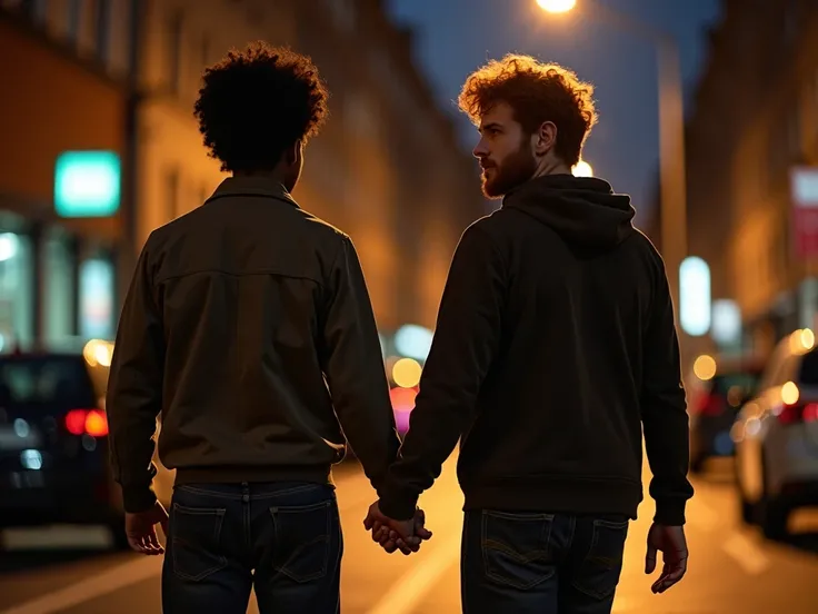 Full body image of two adult boys walking backwards through the illuminated streets at night. A black boy with short black curly hair and a red-haired boy, wavy brass hair, with a beard, strong and muscular physique. Hand in hand. Young adults.