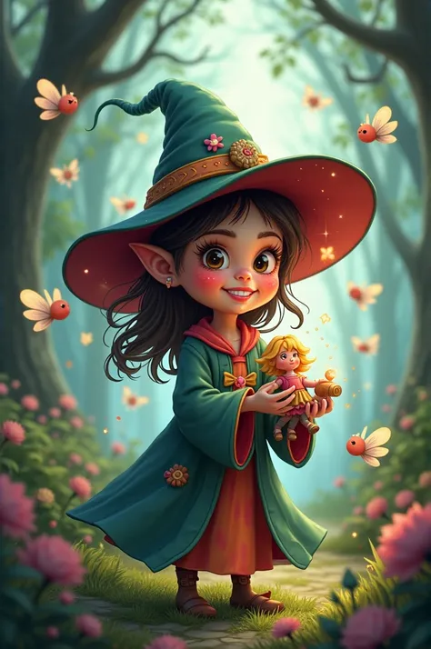  Cute witch with vodoo doll in her hand. There are various fairies flying around her 