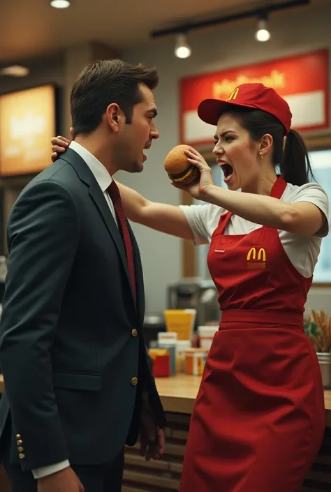 A handsome businessman is standing in McDonalds and a female McDonalds employee in McDonalds staff clothes is angry, screaming and throwing a burger at him. And he dodges.