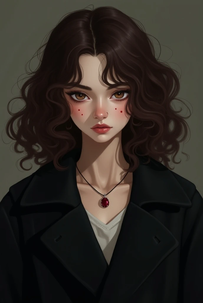 "A 20-year-old girl with a square-shaped face and layered, 3a spring-like bouncy curly brown hair stands with an air of mystery. Her hair cascades down in bouncy curls, framing her face perfectly. Her light eyebrows accentuate her expressive eyes, adding a...