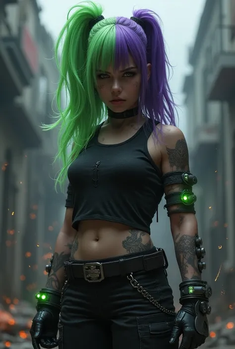 tough muscular girl with short mullet hair ,  half phosphorescent green and the other half purple,  dark war clothes, with tattoos on the arms and an arc with LED lights on the hands,  with an apocalyptic background full of chaos dark background 