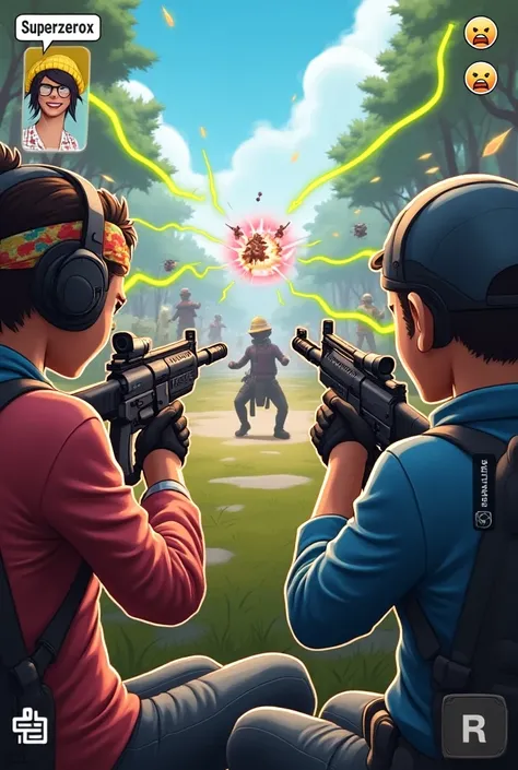 Design a vibrant gaming thumbnail showcasing an intense Free Fire gameplay moment. On the left side, show two characters in colorful outfits and weaponry, focused on opponents in the distance. Green lines connect to an enemy group, highlighted with a red c...