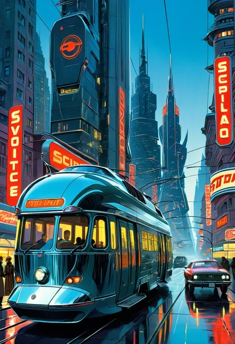  science fiction ,soviet futurism, city of the future, neon signs, skyscrapers, Soviet banners , Utopia, neon signs,  the cars polished chrome glitters in the soft light of the streetlights,  Futuristic buildings of the future ,  flying cars ,  passers-by ...