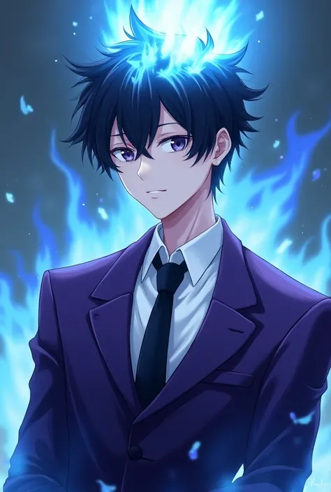 White anime boy  ,  black hair  , wearing a purple suit with a black tie  , a coron ,   fire blue above the head 