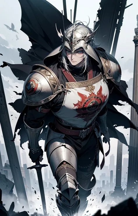 The image depicts a powerful and enigmatic warrior king of immense beauty, inspired by the great medieval sentinel warriors, the mystical and ancient land of the endless shores. The sentinel warrior wears a very large and thick magnificent silver armor wit...