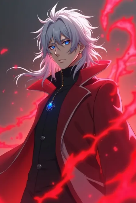 Gojo Satoru has a red aura, wears black clothes, white clothes on top, white hair, and blue eyes